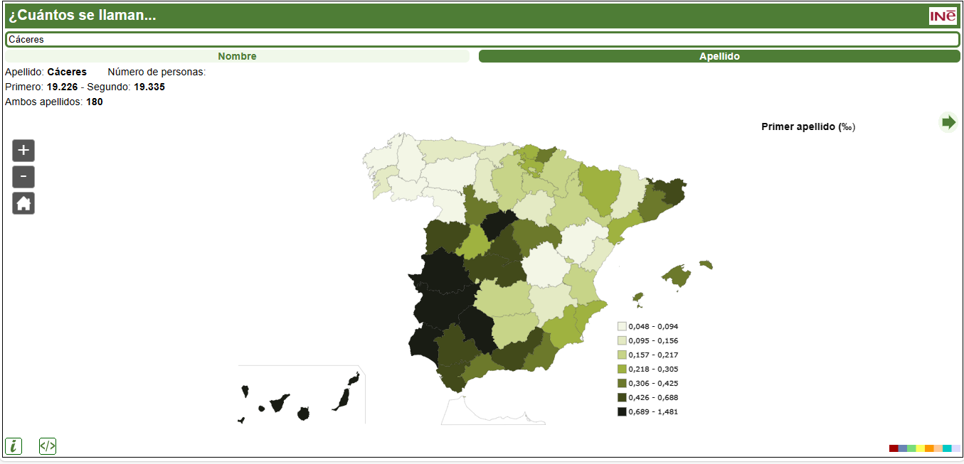 Frecuencia y distribución del apellido Cáceres. Datos del INE a fecha 28/12/2023