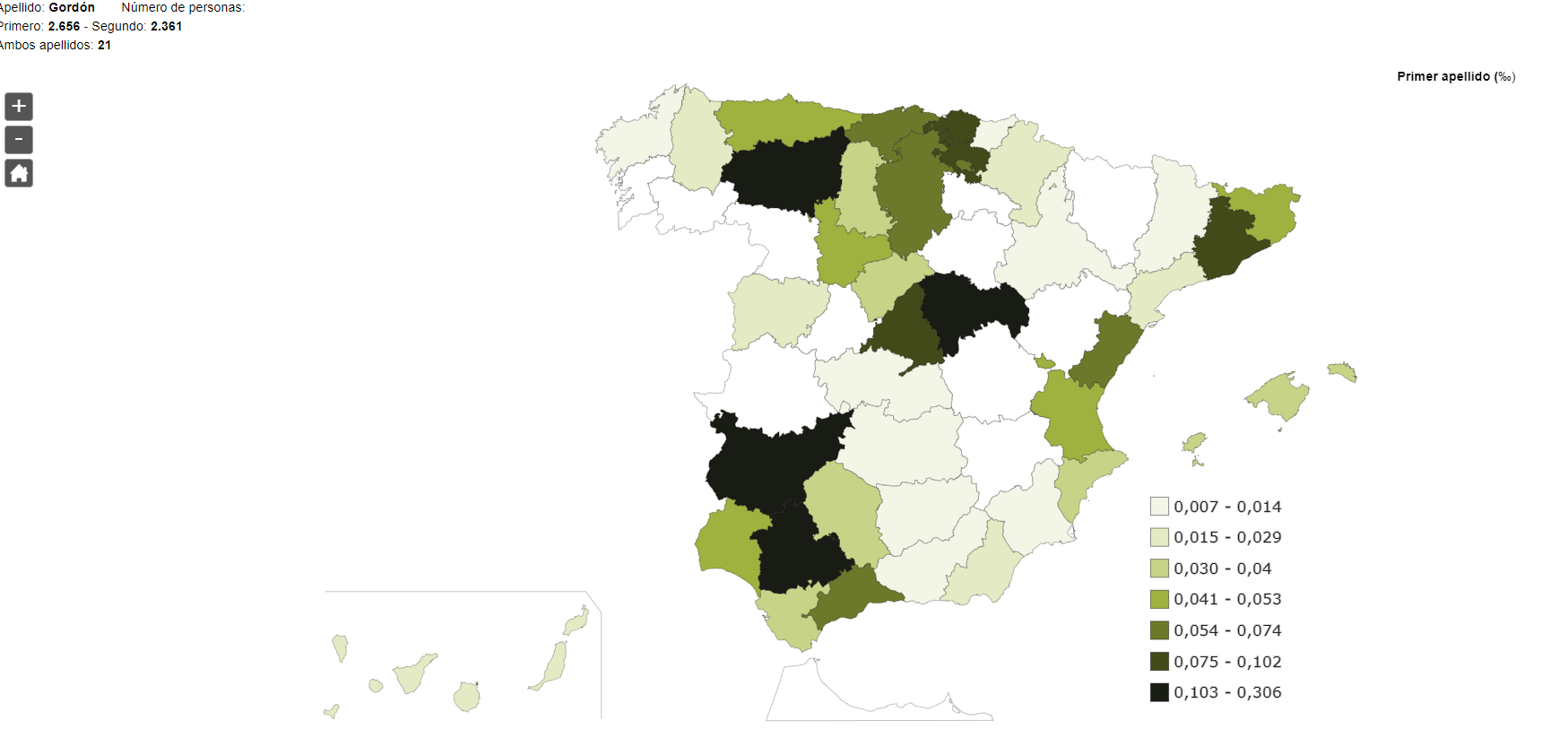 Mapa de frecuencia de "Gordón" como primer apellido