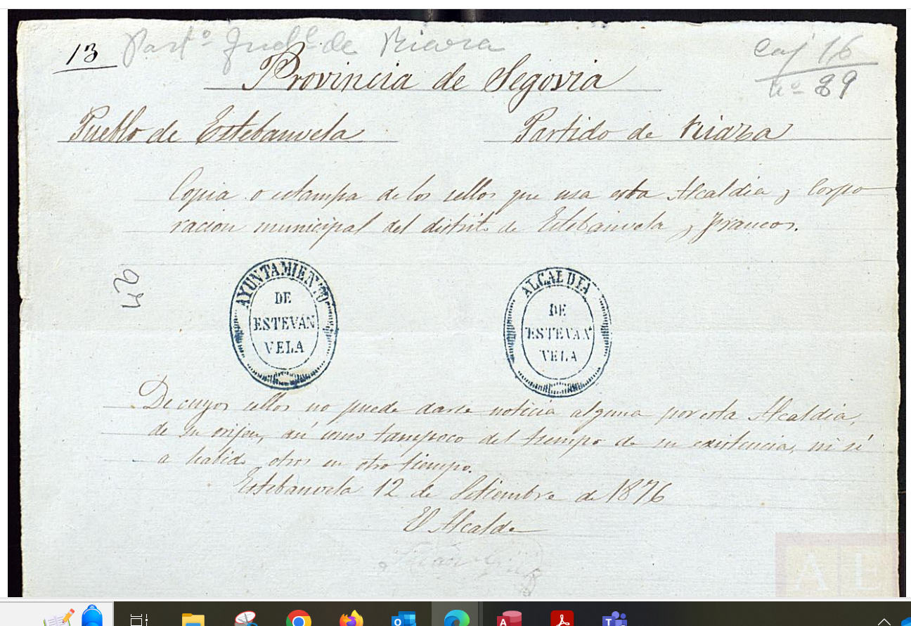 AHN, Sellos ayuntamiento y alcaldía de Estebanvela en 1878.  Reinaba un cierto desorden en la grafía del primer elemento del compuesto. 